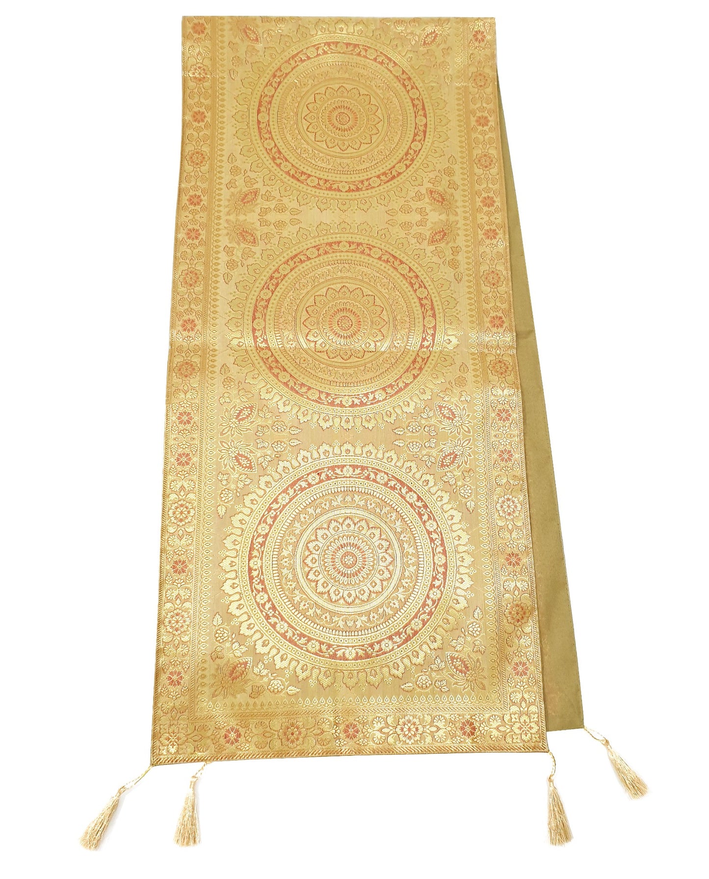 Beige Table Runner 72x16" Banarasi Silk Brocade Mandala Dining Decor Cloth Gift