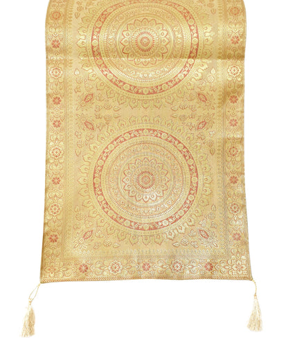 Beige Table Runner 72x16" Banarasi Silk Brocade Mandala Dining Decor Cloth Gift