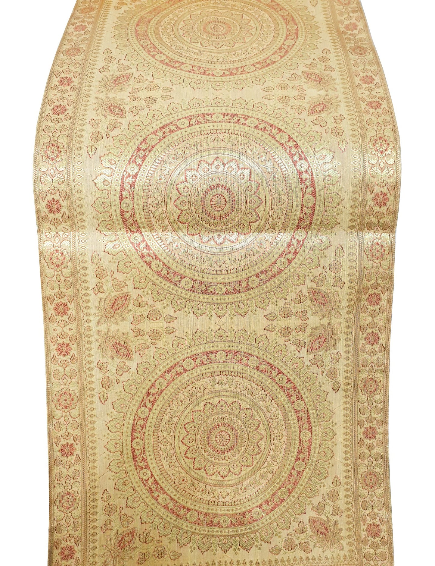 Beige Table Runner 72x16" Banarasi Silk Brocade Mandala Dining Decor Cloth Gift