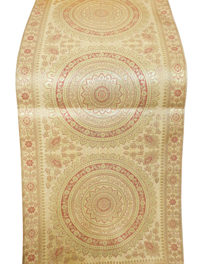 Beige Table Runner 72x16" Banarasi Silk Brocade Mandala Dining Decor Cloth Gift