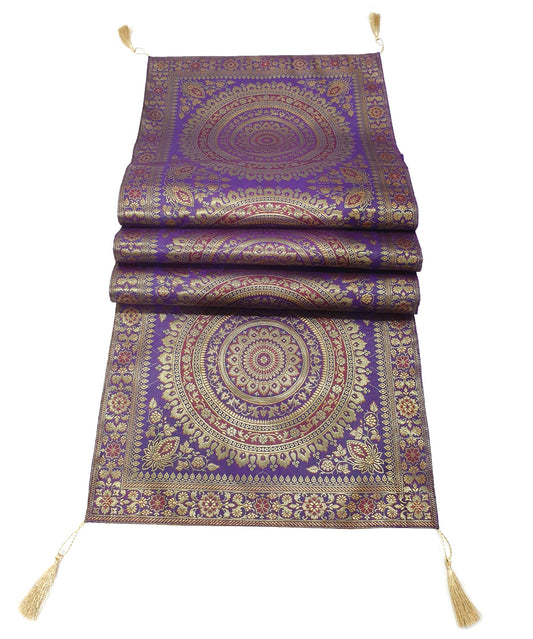 Purple Table Runner 72x16" Banarasi Silk Brocade Mandala Gift Dining Decor Cloth