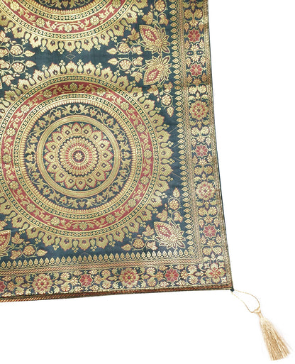 Dark Green Table Runner 72x16" Banarasi Silk Brocade Mandala Dining Decor Cloth