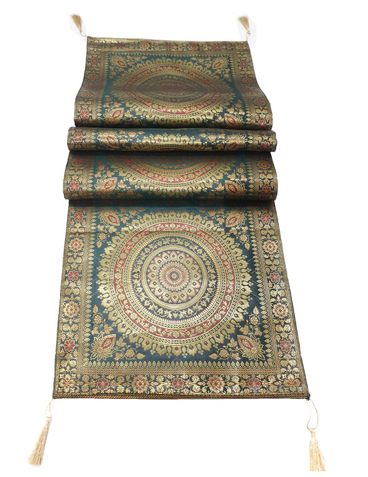 Dark Green Table Runner 72x16" Banarasi Silk Brocade Mandala Dining Decor Cloth