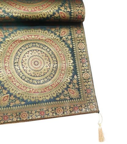 Dark Green Table Runner 72x16" Banarasi Silk Brocade Mandala Dining Decor Cloth