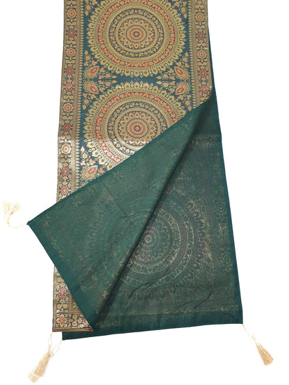 Dark Green Table Runner 72x16" Banarasi Silk Brocade Mandala Dining Decor Cloth