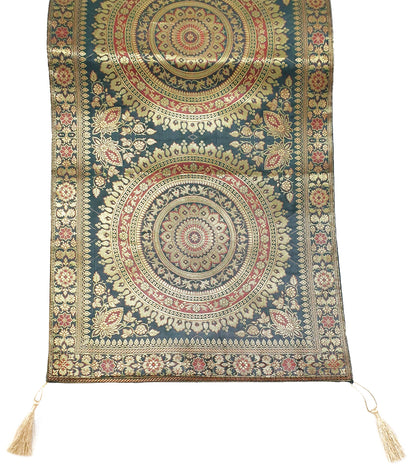Dark Green Table Runner 72x16" Banarasi Silk Brocade Mandala Dining Decor Cloth