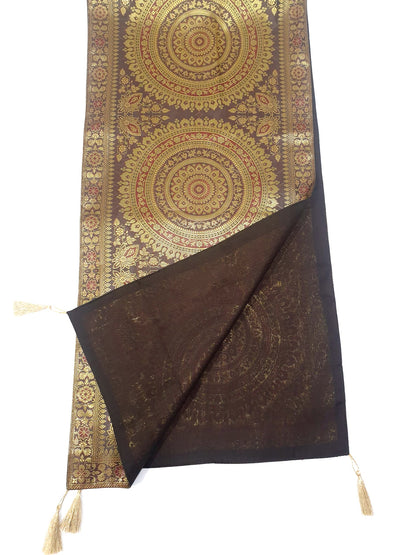 Dark Brown Banarasi Table Runner 72x16" Silk Brocade Mandala Dining Decor Cloth