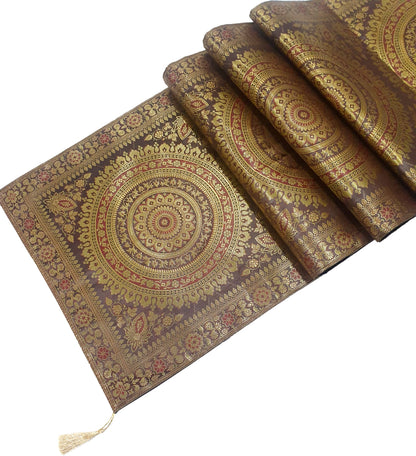 Dark Brown Banarasi Table Runner 72x16" Silk Brocade Mandala Dining Decor Cloth