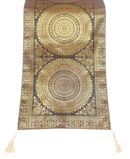 Dark Brown Banarasi Table Runner 72x16" Silk Brocade Mandala Dining Decor Cloth