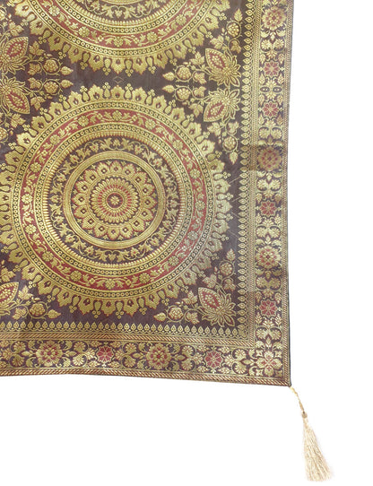 Dark Brown Banarasi Table Runner 72x16" Silk Brocade Mandala Dining Decor Cloth