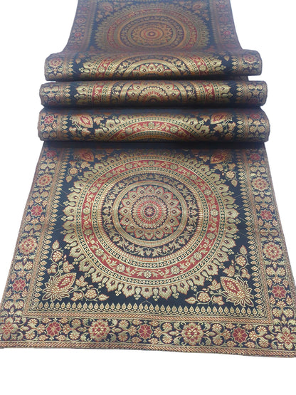 Black Banarasi Table Runner 72x16" Silk Brocade Mandala Dining Decor Cloth Gift