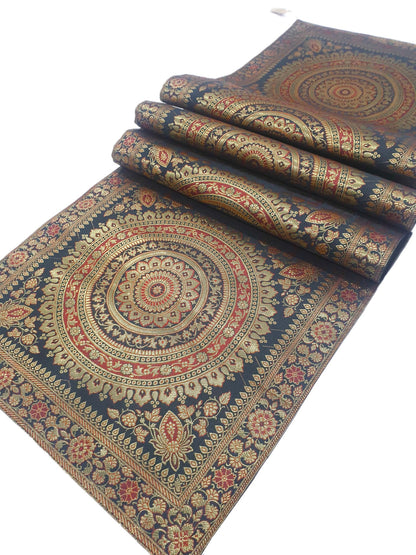 Black Banarasi Table Runner 72x16" Silk Brocade Mandala Dining Decor Cloth Gift