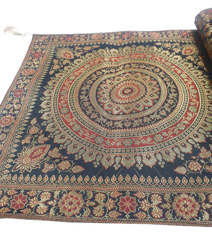 Black Banarasi Table Runner 72x16" Silk Brocade Mandala Dining Decor Cloth Gift