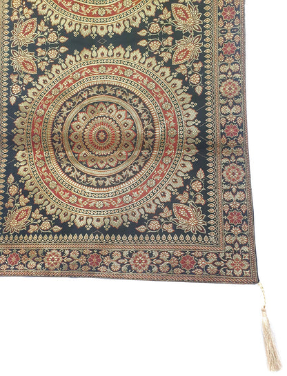Black Banarasi Table Runner 72x16" Silk Brocade Mandala Dining Decor Cloth Gift