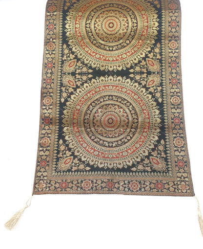Black Banarasi Table Runner 72x16" Silk Brocade Mandala Dining Decor Cloth Gift