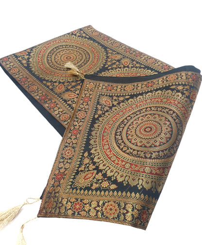 Black Banarasi Table Runner 72x16" Silk Brocade Mandala Dining Decor Cloth Gift
