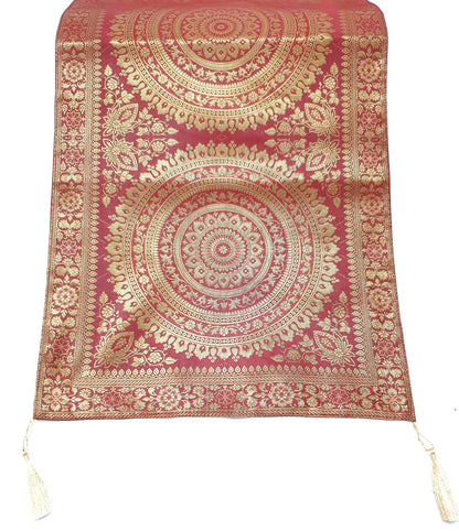 Red Banarasi Table Runner 72x16" Silk Brocade Mandala Dining Decor Cloth Gift