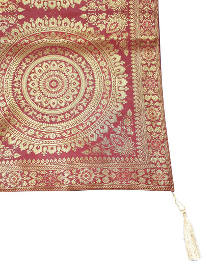 Red Banarasi Table Runner 72x16" Silk Brocade Mandala Dining Decor Cloth Gift