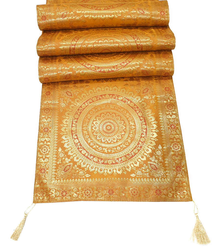 Mustard Table Runner 72x16" Banarasi Silk Brocade Mandala Dining Decor Cloth