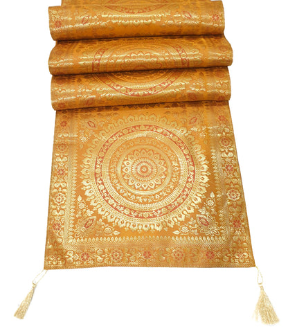 Mustard Table Runner 72x16" Banarasi Silk Brocade Mandala Dining Decor Cloth