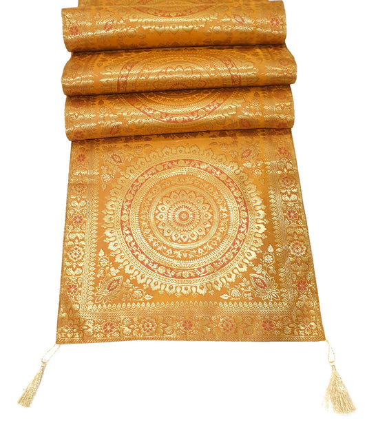 Mustard Table Runner 72x16" Banarasi Silk Brocade Mandala Dining Decor Cloth
