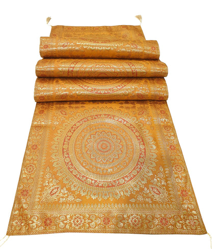 Mustard Table Runner 72x16" Banarasi Silk Brocade Mandala Dining Decor Cloth