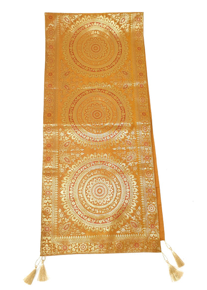 Mustard Table Runner 72x16" Banarasi Silk Brocade Mandala Dining Decor Cloth