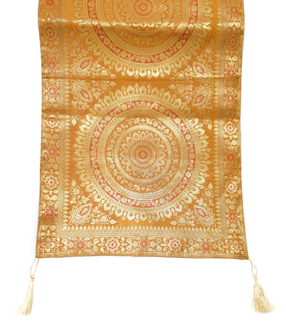 Mustard Table Runner 72x16" Banarasi Silk Brocade Mandala Dining Decor Cloth