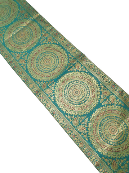 Teal Green Table Runner 72x16" Banarasi Silk Brocade Mandala Dining Decor Cloth