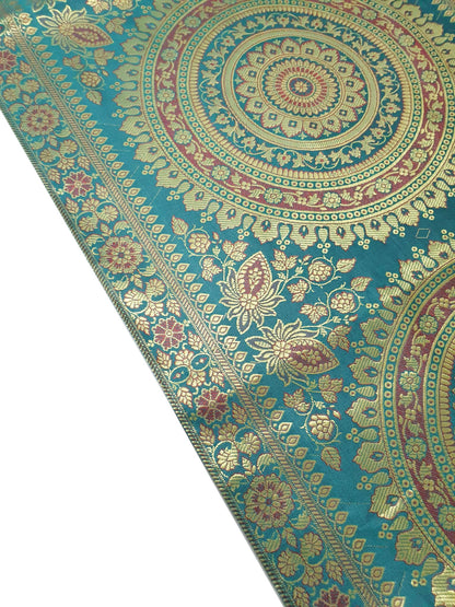 Teal Green Table Runner 72x16" Banarasi Silk Brocade Mandala Dining Decor Cloth