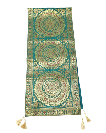 Teal Green Table Runner 72x16" Banarasi Silk Brocade Mandala Dining Decor Cloth