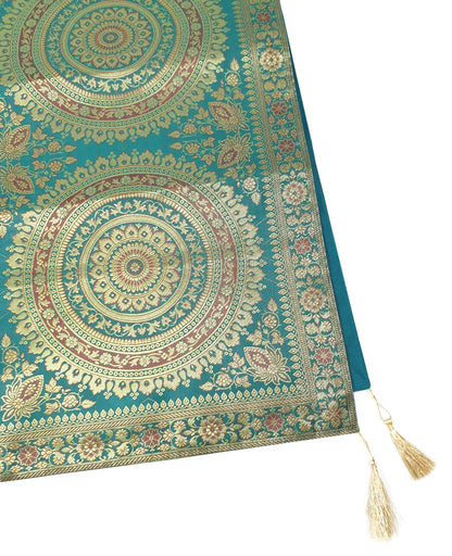 Teal Green Table Runner 72x16" Banarasi Silk Brocade Mandala Dining Decor Cloth
