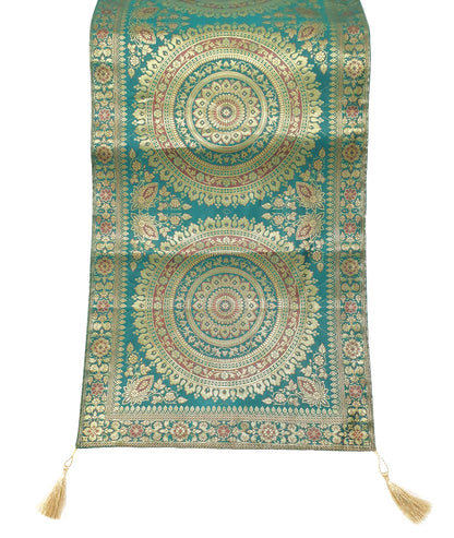 Teal Green Table Runner 72x16" Banarasi Silk Brocade Mandala Dining Decor Cloth