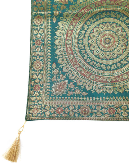 Teal Green Table Runner 72x16" Banarasi Silk Brocade Mandala Dining Decor Cloth