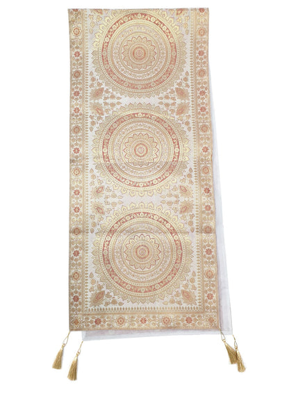 White Table Runner 72x16" Banarasi Silk Brocade Mandala Dining Decor Cloth Gift
