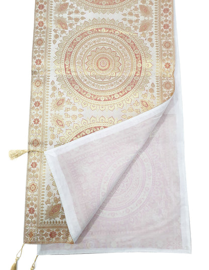 White Table Runner 72x16" Banarasi Silk Brocade Mandala Dining Decor Cloth Gift