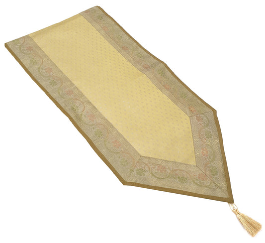 Light Gold Banarasi Table Runner Art Silk Brocade Dining Decor Indian Gift Cloth