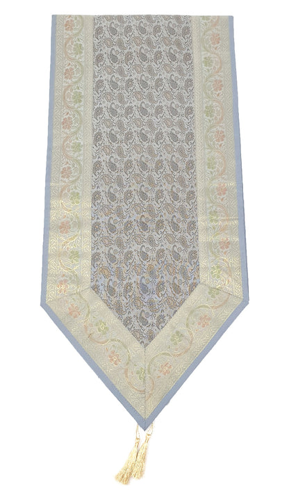 Gray Banarasi Table Runner Silk Brocade Paisley Dining Decor Indian Gift Cloth