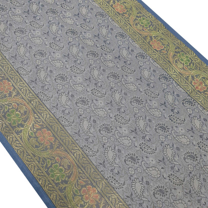 Banarasi Table Runner Greyish Blue Silk Brocade Paisley Dining Decor Gift Cloth