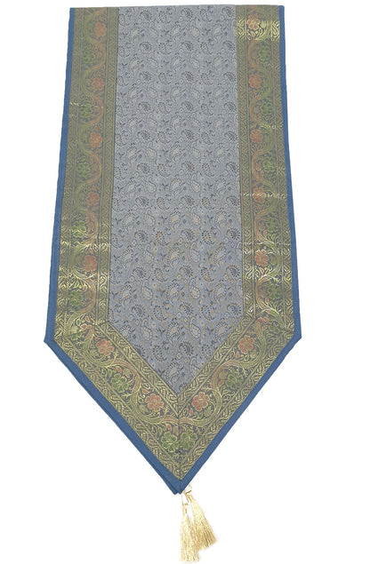 Banarasi Table Runner Greyish Blue Silk Brocade Paisley Dining Decor Gift Cloth