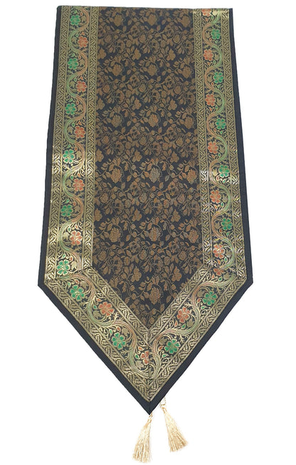 Black Banarasi Table Runner Silk Brocade Floral Dining Decor Indian Gift Cloth