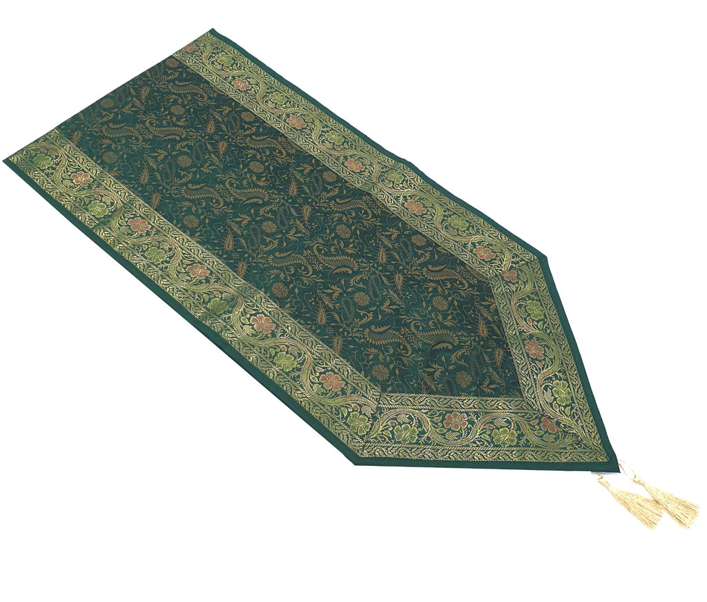 Bottle Green Table Runner DiningDecor Indian Banarasi Silk Brocade Paisley Gift