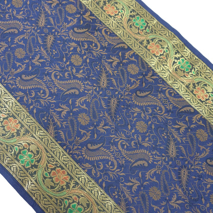 Dark Blue Banarasi Table Runner Silk Brocade Paisley Dining Decor Indian Cloth