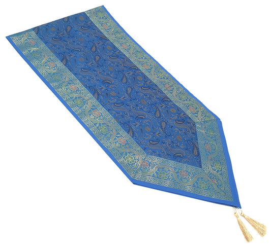 Turq. Blue Banarasi Table Runner Silk Brocade Paisley Dining Decor Indian Cloth