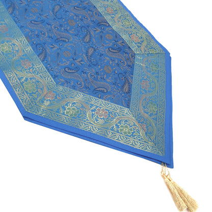 Turq. Blue Banarasi Table Runner Silk Brocade Paisley Dining Decor Indian Cloth