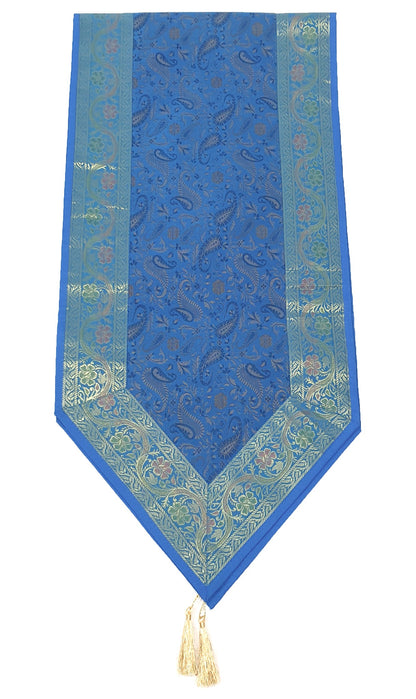 Turq. Blue Banarasi Table Runner Silk Brocade Paisley Dining Decor Indian Cloth