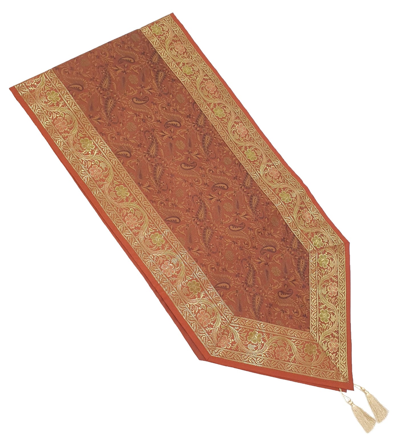 Banarasi Table Runner Rust Silk Brocade Paisley Dining Decor Indian Gift Cloth