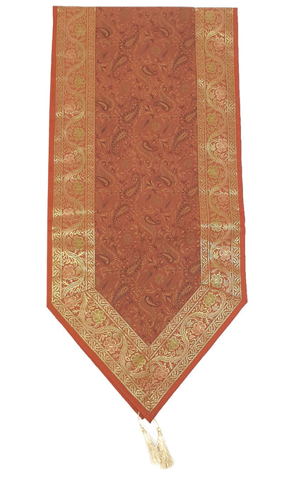 Banarasi Table Runner Rust Silk Brocade Paisley Dining Decor Indian Gift Cloth