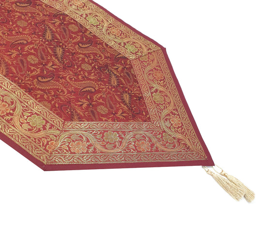 Maroon Banarasi Table Runner Silk Brocade Paisley Dining Decor Indian Gift Cloth