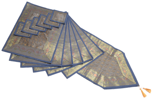 13 PC Gray Table Runner Dining Decor Indian Banarasi Silk Brocade Paisley Cloth